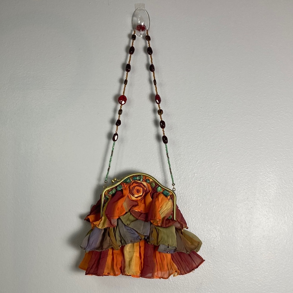 Vibrant Colorful Orange and Red Beaded Ruffled Bag